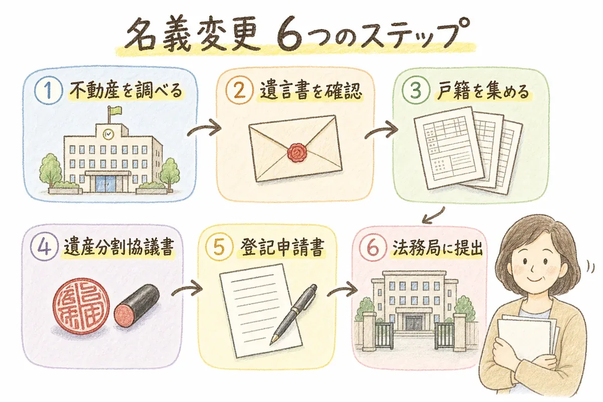 相続した不動産の名義変更を6つのステップで示した手描き色鉛筆タッチの流れ図。市役所、遺言書、戸籍、遺産分割協議書、登記申請書、法務局提出のアイコンが矢印でつながり、右下に書類を持つ女性のカットが添えられている。