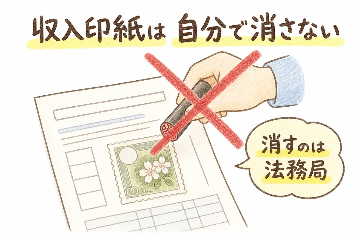 登記申請書に貼った収入印紙に、自分でハンコを押して消印してはいけないことを示す手描きの注意図解。印紙の上にバツ印が重なり、消すのは法務局ですという吹き出しが添えられている。