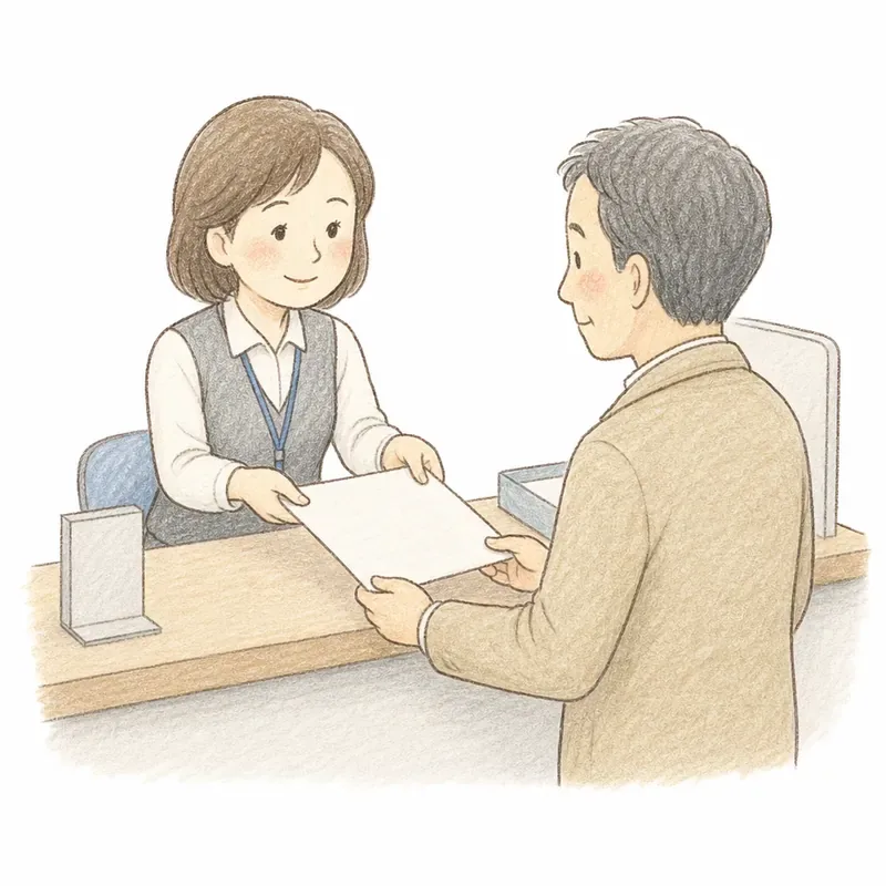 市役所の窓口カウンターで、職員から名寄帳らしき書類を受け取っている40〜50代の人物の手描き挿絵。