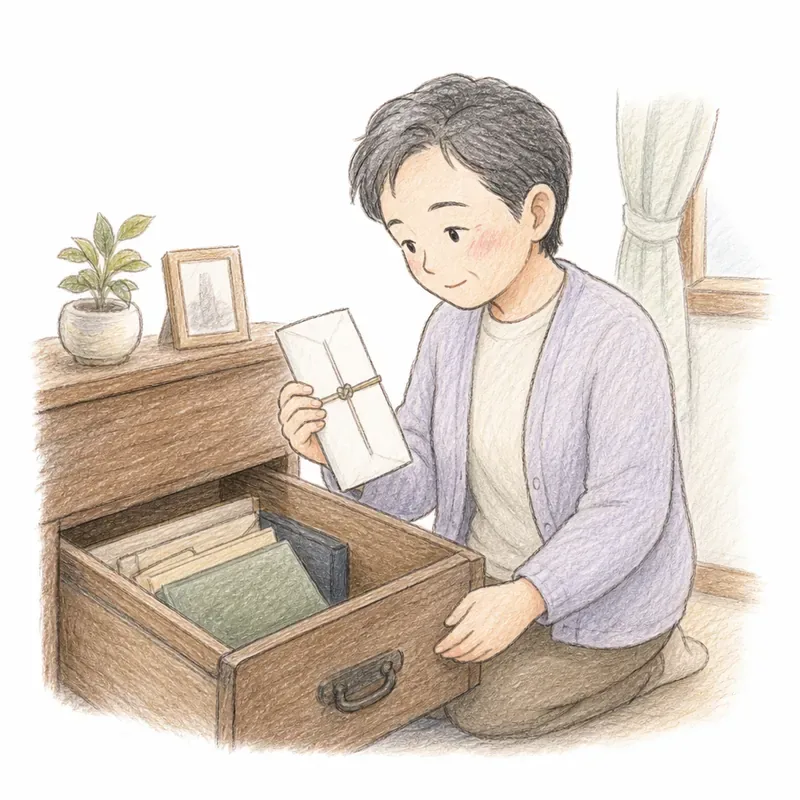 自宅の引き出しの中から、封筒に入った遺言書を見つけて手に取っている40〜50代の人物の手描き挿絵。