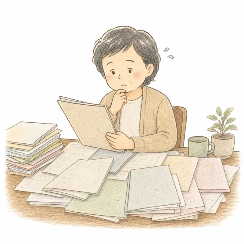 机の上に何通も重なった戸籍謄本を広げて確認している40〜50代の人物の手描き挿絵。書類の束が多く手間がかかる様子を表現。