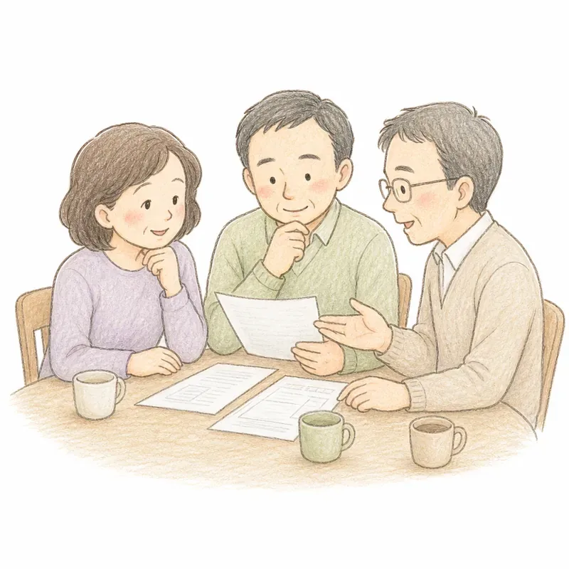 テーブルを囲んで2〜3人の家族が書類を前に穏やかに話し合っている手描き挿絵。遺産分割協議の和やかな場面。