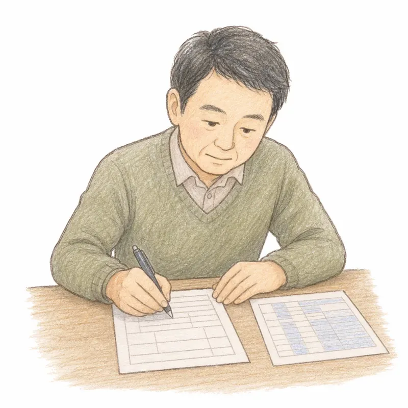 机に向かって登記申請書にペンで記入している40〜50代の人物の手元から上半身の手描き挿絵。となりに見本の紙を置いて確認しながら書いている。