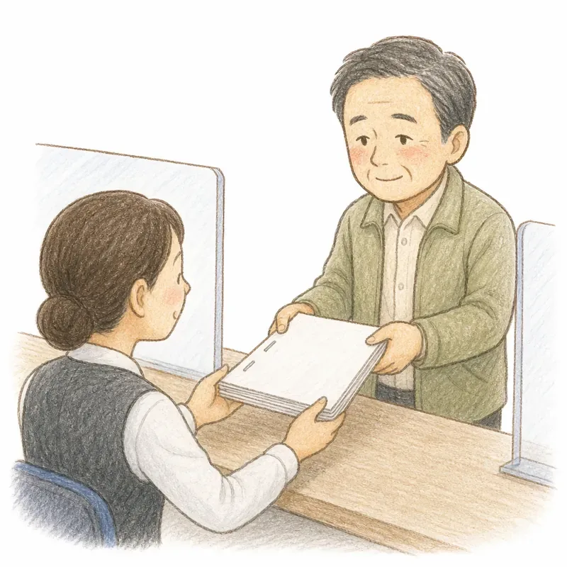 法務局の窓口カウンターで、ホチキス留めした書類一式を職員に手渡している40〜50代の人物の手描き挿絵。ほっとした穏やかな表情。