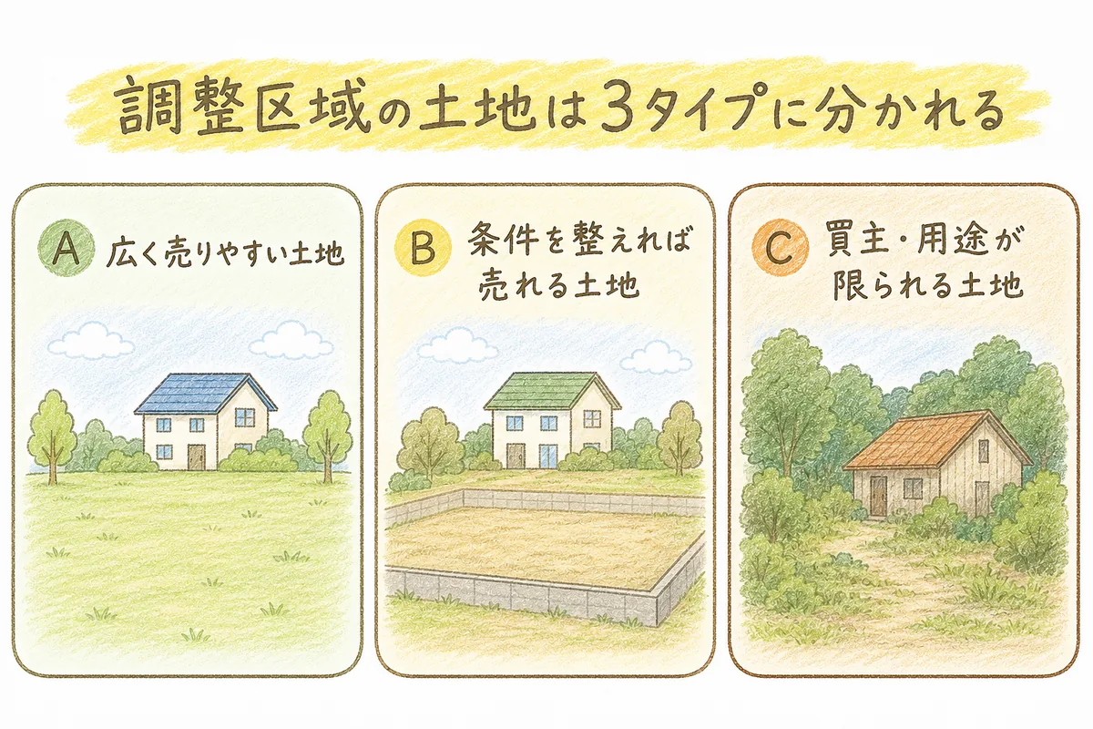 市街化調整区域の土地をA(広く売りやすい)・B(条件を整えれば売れる)・C(買主や用途が限られる)の3タイプに色分けして並べた図解。手描き色鉛筆タッチ。