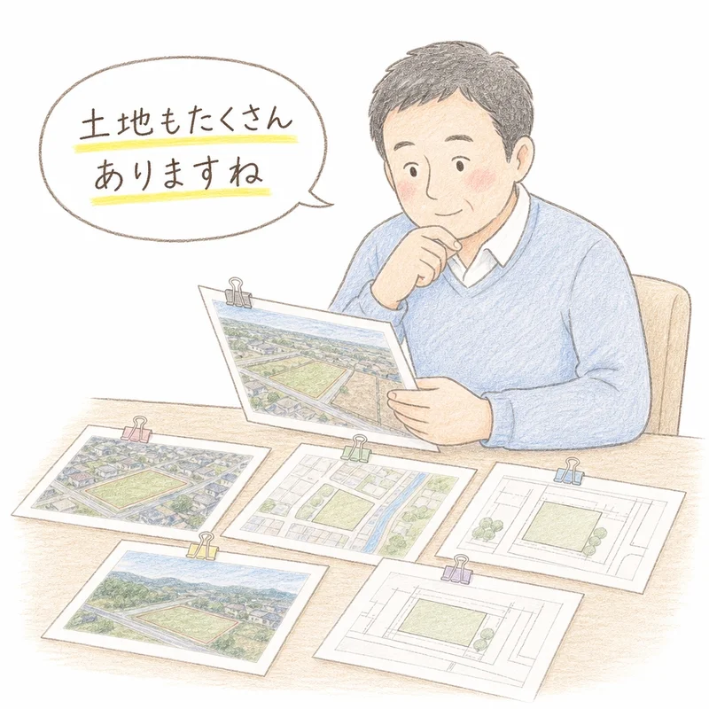 手描きタッチのイラスト。40代くらいの男性がテーブルに広げた土地の航空写真や図面のような資料を何枚も見比べている。吹き出しに「土地もたくさんありますね」の文字。白背景でやわらかい色鉛筆風の塗り。