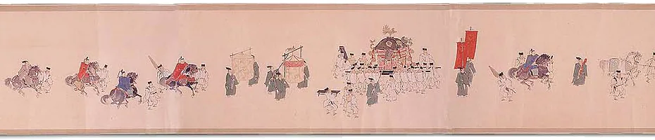 桃花祭(馬まつり)の神輿渡御の様子を描いた古い絵巻物。騎馬姿の人物や神輿を担ぐ行列、赤い旗を掲げた人物などが横一列に連なって描かれている、薄茶色の紙に彩色された歴史資料。行列の人々は烏帽子や狩衣姿で、祭りの規模の大きさが伝わる。