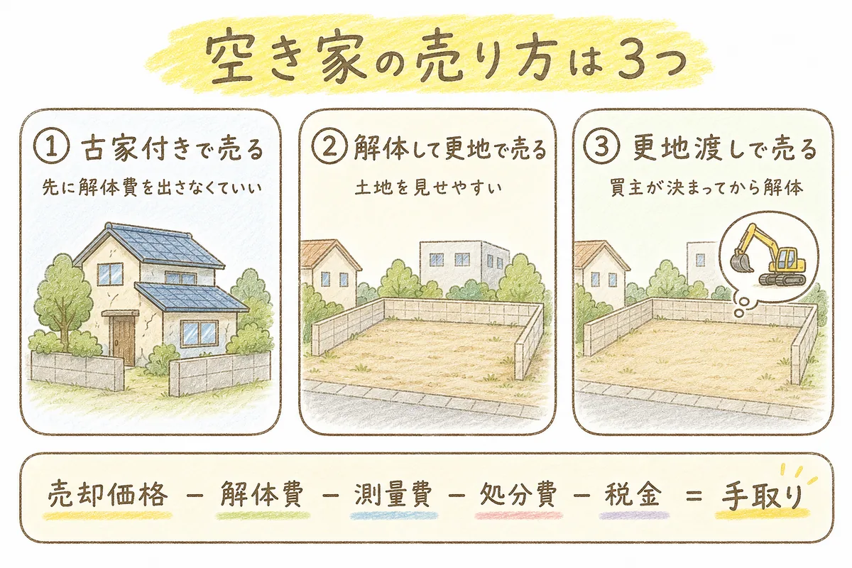 空き家の売り方3つ(古家付きで売る・解体して更地で売る・更地渡しで売る)を家のイラストのカードで並べ、下に「売却価格−解体費−測量費−処分費−税金=手取り」の式を添えた図解。