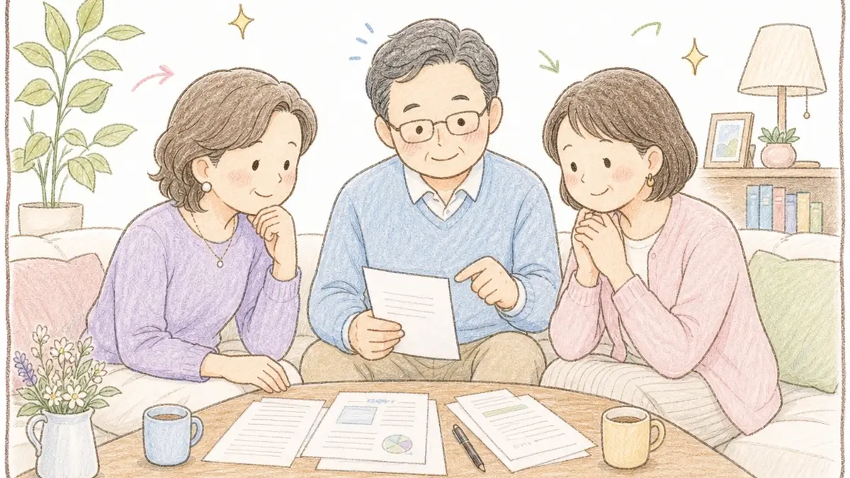 手描き風の色鉛筆タッチのイラスト。リビングのソファで40〜50代とみられる男女3人がテーブルを囲み、真ん中の男性が手にした書類を指しながら、両隣の女性2人が身を乗り出してうなずきながら話を聞いている。テーブルの上には書類とペン、コーヒーカップが2つ。穏やかに合意しているムード。
