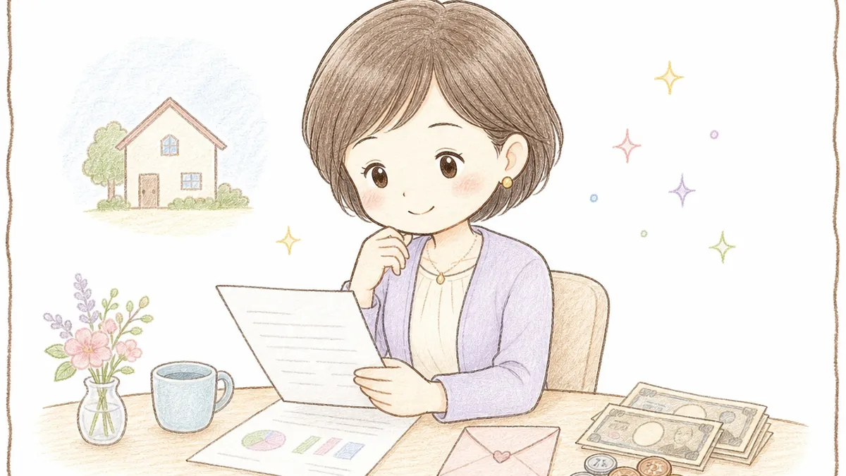手描き風の色鉛筆タッチのイラスト。ショートボブの50代女性が一人でテーブルに座り、手にした書類を見つめながら少し考え込んでいる。テーブルの上には花瓶とコーヒーカップ、封筒、紙幣と硬貨。背景左上に小さく一軒家のシルエットが描かれている。