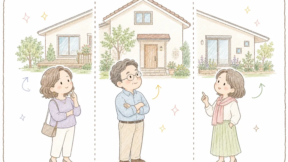 手描き風の色鉛筆タッチのイラスト。一軒家の外観を縦の点線で3つに区切って描き、その手前に40〜50代とみられる男女3人がそれぞれ立ち、考え込む仕草・腕組み・指差しといった別々の方向を向くポーズを取っている。意見がまとまっていない様子を柔らかく表現。