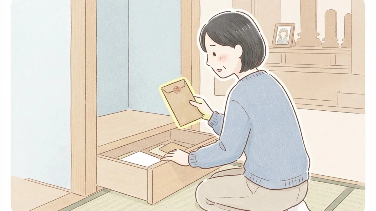 手描き風の色鉛筆タッチのイラスト。和室で、ショートボブの50代くらいの女性が仏壇の下段の引き出しを開け、中から取り出した茶封筒を手に取って見つめている横顔。封筒の閉じ目には小さく赤い印が見える。少し驚いた・戸惑ったような表情。背景に位牌や写真立てがシルエット程度に描かれている。