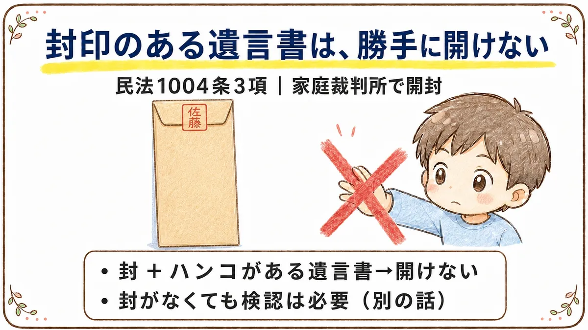 手描き風のイラスト。閉じ目に「佐藤」と書かれた赤い印鑑が押された和風の茶封筒と、それを開けようとする手を赤い×印で止める子どもの手が並ぶ。見出し「封印のある遺言書は、勝手に開けない」、注記「民法1004条3項|家庭裁判所で開封」、下部に「封+ハンコがある遺言書→開けない」「封がなくても検認は必要(別の話)」の2項目。