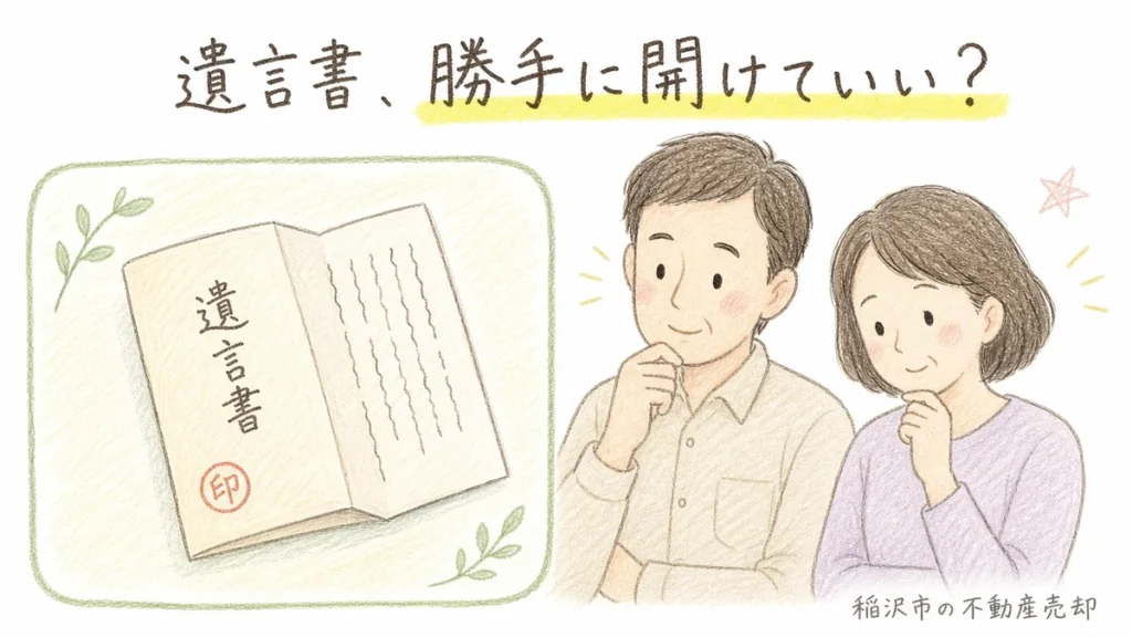 手描き風の色鉛筆タッチのイラスト。和紙のような茶封筒に赤い角印が押され「遺言書」の文字が書かれた表紙と、それを見て少し考え込む様子の40〜50代の男女2人。稲沢市で遺言書の検認について解説するブログのアイキャッチイラスト。