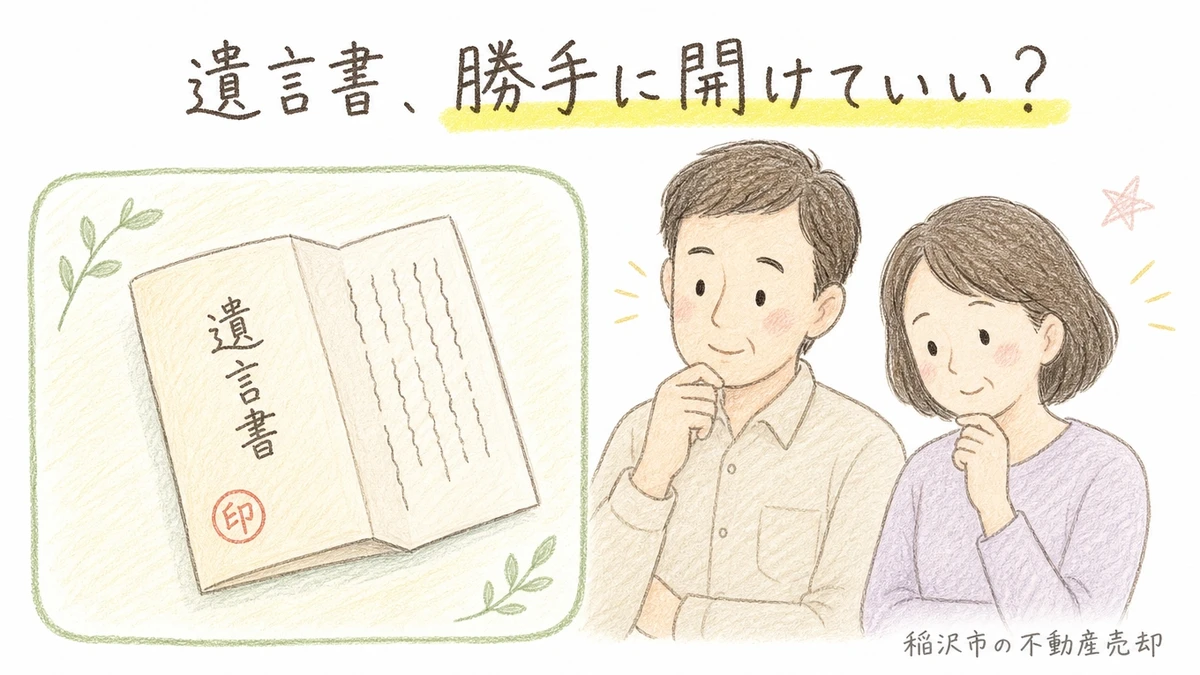 手描き風の色鉛筆タッチのイラスト。和紙のような茶封筒に赤い角印が押され「遺言書」の文字が書かれた表紙と、それを見て少し考え込む様子の40〜50代の男女2人。稲沢市で遺言書の検認について解説するブログのアイキャッチイラスト。