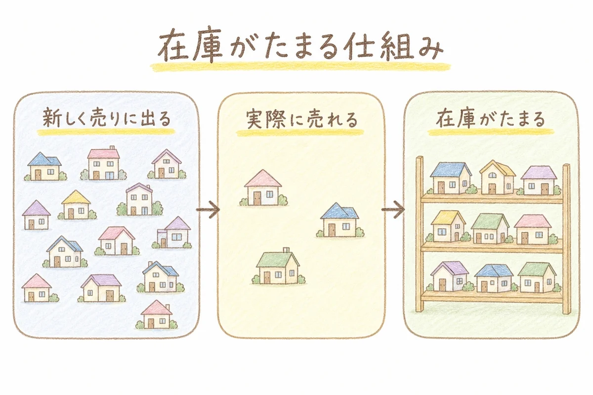 手描きタッチの図解。左の水色の枠に「新しく売りに出る」の見出しと家のアイコンが多数、中央の黄色の枠に「実際に売れる」の見出しと家のアイコンが少数、右の緑の枠に「在庫がたまる」の見出しと棚の上に家のアイコンが積み重なったイラスト。3つの枠を矢印でつなぎ、上部に「在庫がたまる仕組み」の見出し。