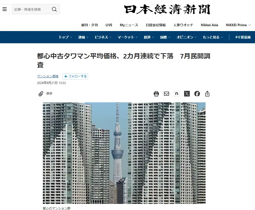 日本経済新聞2026年8月21日の記事「都心中古タワマン平均価格、2カ月連続で下落 7月民間調査」のスクリーンショット