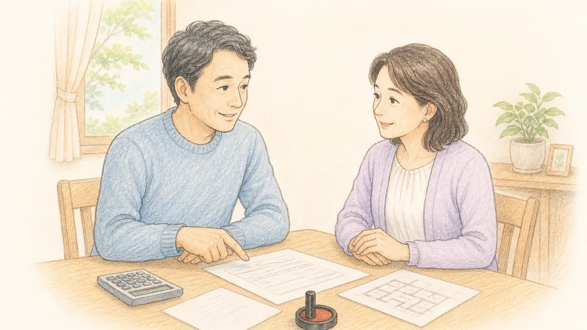 50代くらいの夫婦がリビングのテーブルで書類と電卓、印鑑を前にして、売却にかかる費用について落ち着いて話し合っている様子を手描き色鉛筆タッチで描いたイラスト。