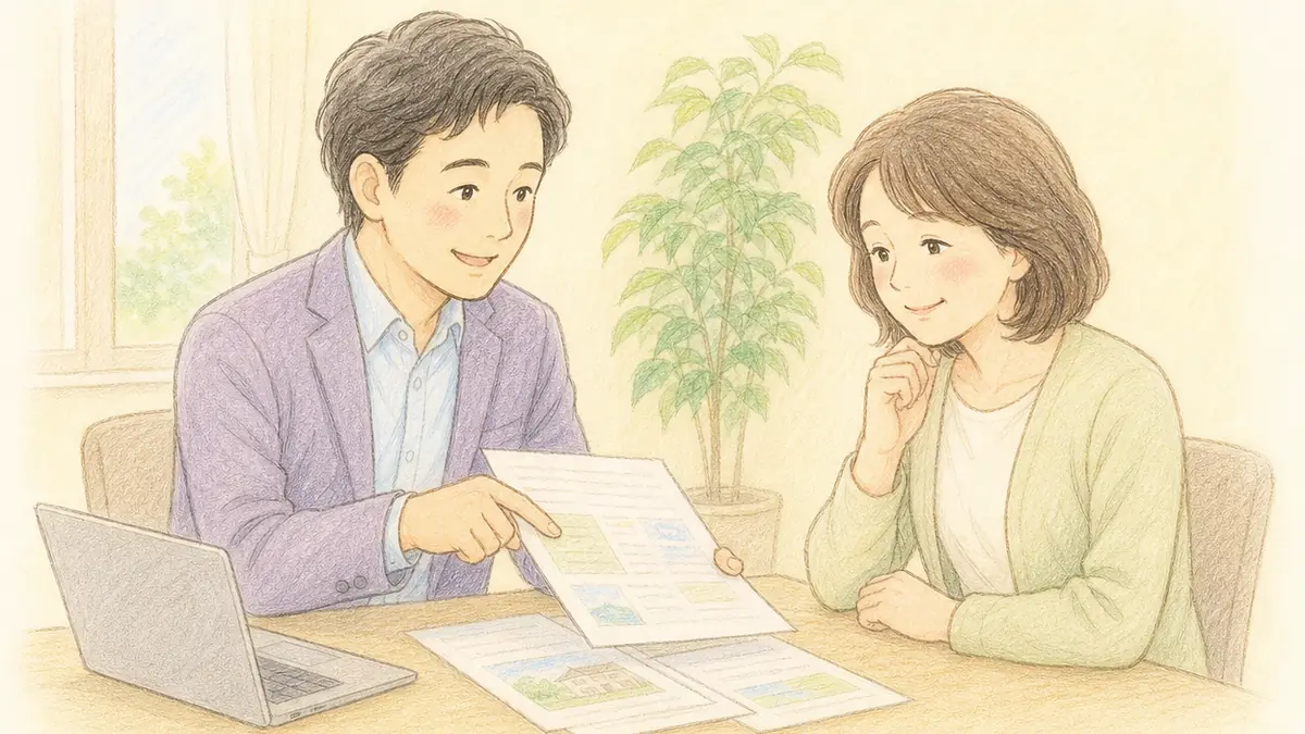 40代くらいの男性相談員が書類を見せながら、50代くらいの女性顧客にやさしく説明している相談室の様子を、手描き色鉛筆タッチで穏やかな表情とともに描いたイラスト。
