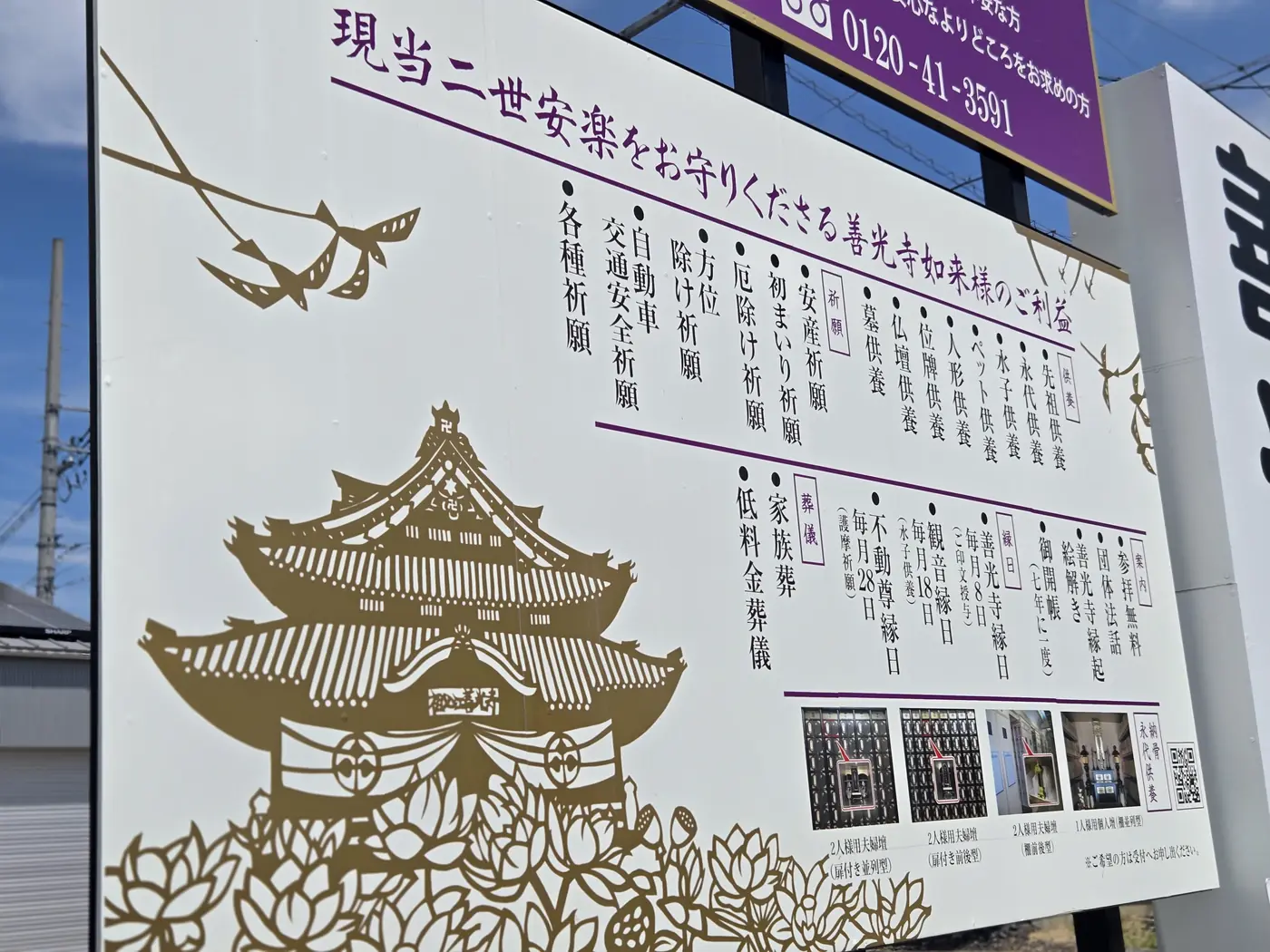 善光寺如来のご利益を紹介する境内の案内看板の写真。安産祈願・厄除け祈願などの各種祈願、位牌供養・墓供養などの供養、家族葬・低料金葬儀といった葬儀メニューが一覧で書かれ、下部には永代供養墓の写真も4枚並んでいる。