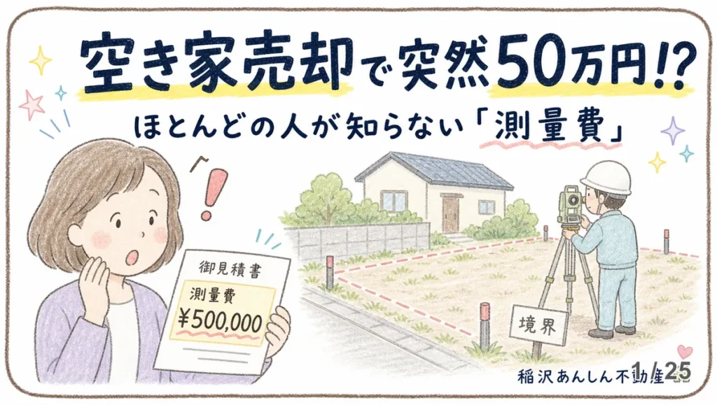 測量費の見積書を見て驚く女性と、境界杭のそばでトランシットを構える測量士のイラスト。「空き家売却で突然50万円!?ほとんどの人が知らない測量費」の見出し。