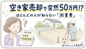 測量費の見積書を見て驚く女性と、境界杭のそばでトランシットを構える測量士のイラスト。「空き家売却で突然50万円!?ほとんどの人が知らない測量費」の見出し。