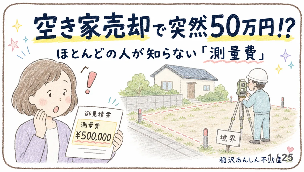 測量費の見積書を見て驚く女性と、境界杭のそばでトランシットを構える測量士のイラスト。「空き家売却で突然50万円!?ほとんどの人が知らない測量費」の見出し。