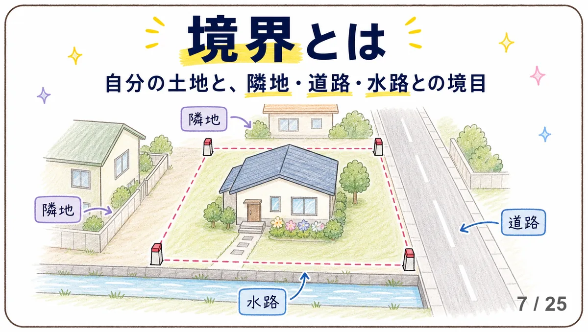 戸建てを中心に、隣地・道路・水路との境界線を赤い点線で示した俯瞰イラスト。境界標の位置に杭のマークがある。