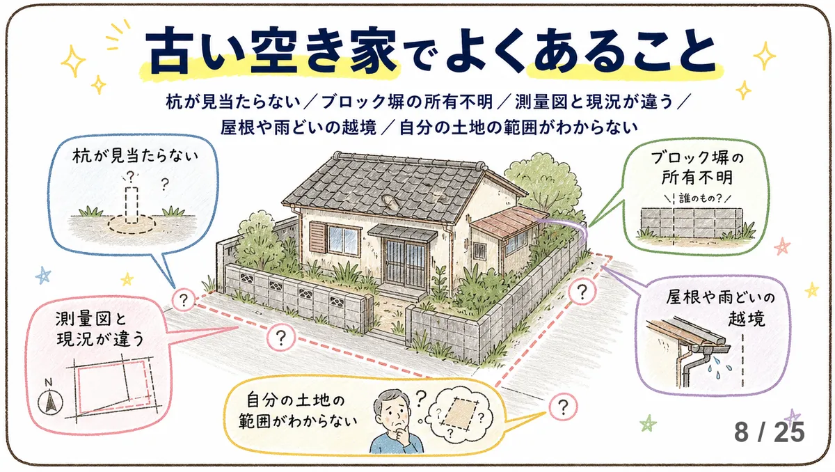 古い空き家の敷地図解。境界杭が見当たらない、ブロック塀の所有不明、測量図と現況の不一致、屋根や雨どいの越境、土地の範囲が分からないという5つの困りごとを吹き出しで示す。