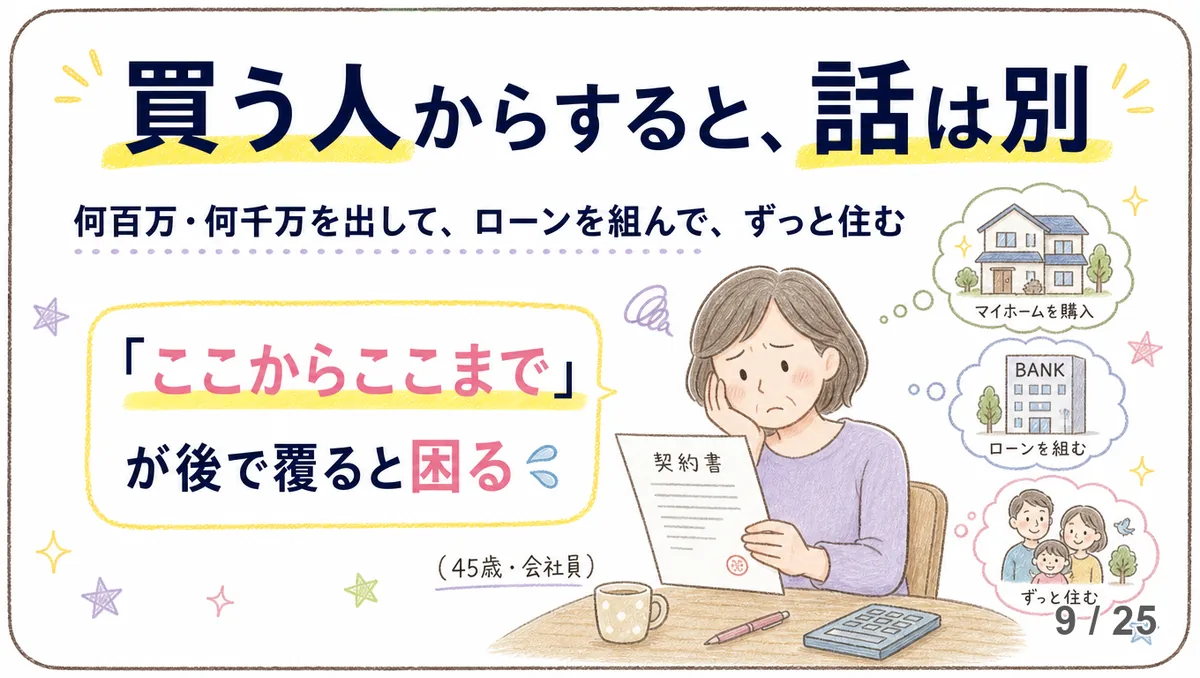 契約書を手に不安げな表情の女性と、マイホーム購入・住宅ローン・家族でずっと住むという3つの将来イメージを吹き出しで示すイラスト。