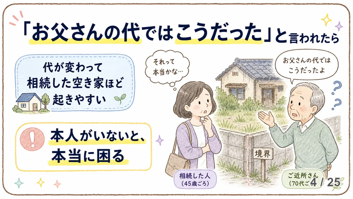 境界の目印の前で、高齢の男性が中年女性に「お父さんの代ではこうだったよ」と説明し、女性が困惑している様子のイラスト。