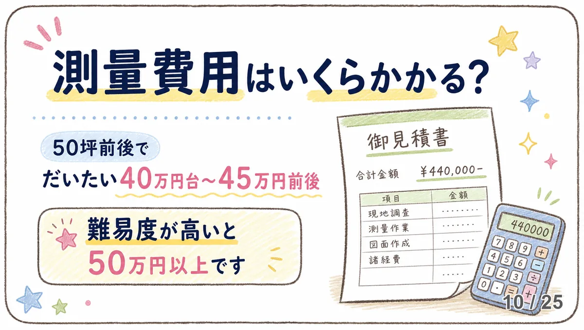 測量費用の見積書と電卓のイラスト。合計金額44万円、50坪前後で40万円台〜45万円前後という費用感を示す。