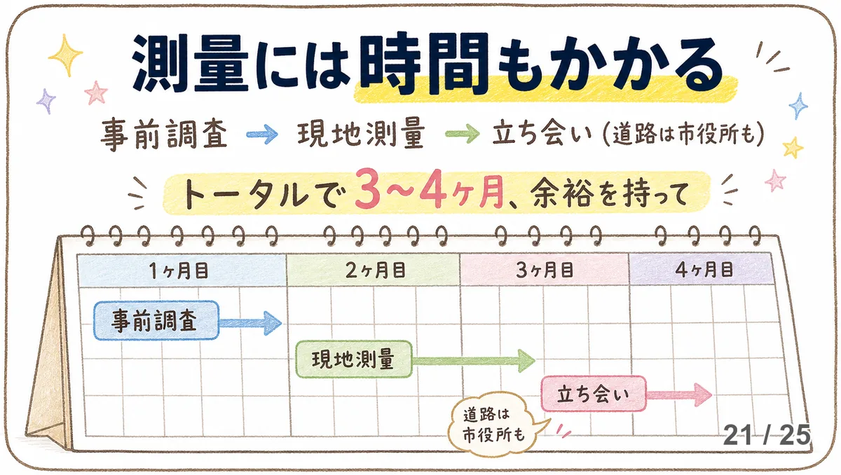 事前調査、現地測量、立会いの3ステップを示すカレンダー型の図解。トータルで3〜4ヶ月かかることを示す。