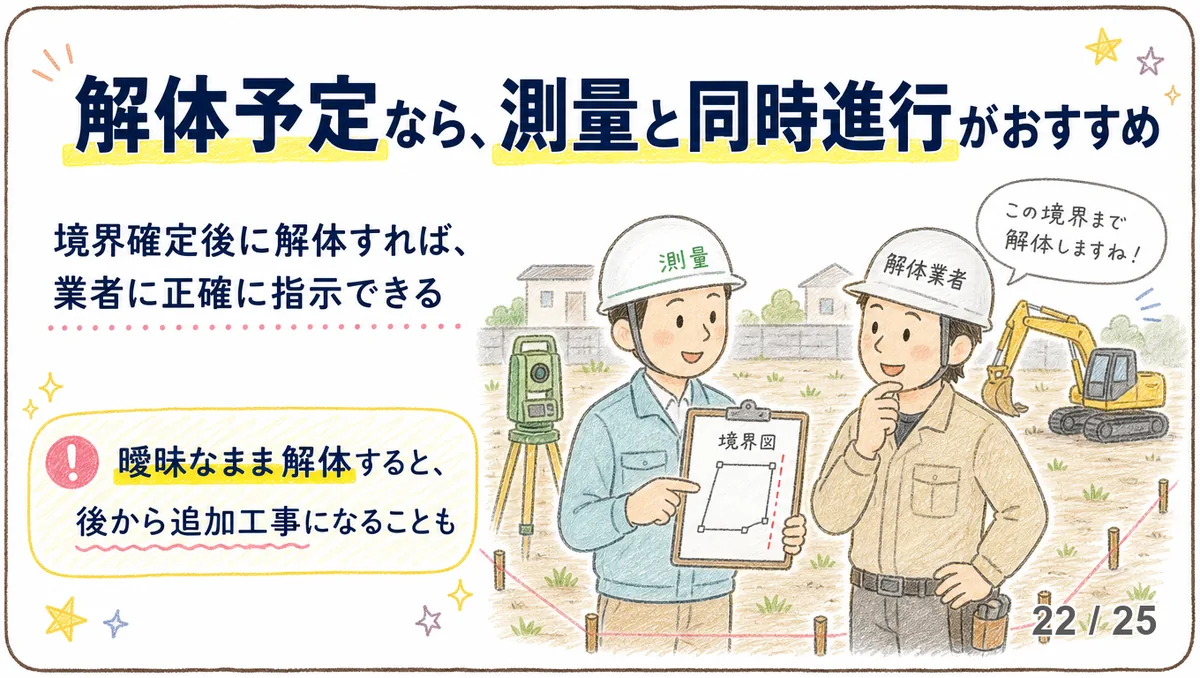 測量士と解体業者が境界図を見ながら「この境界まで解体しますね」と確認し合う現場のイラスト。