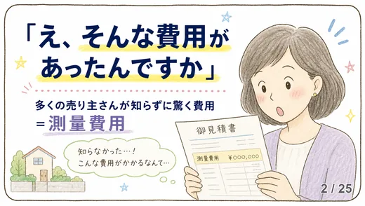 見積書の測量費用欄を見て「え、そんな費用があったんですか」と驚く女性のイラストと吹き出し。