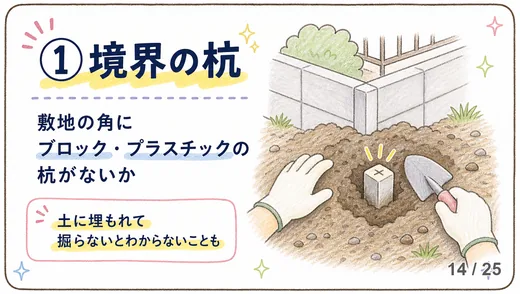 土に埋もれた境界杭をスコップで掘り出して確認する手元のイラスト。