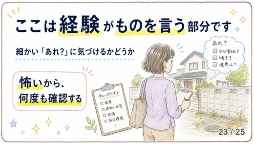 チェックリストを持ち、ひび割れや傾き、境界を確認しながら物件の周りを歩く女性のイラスト。