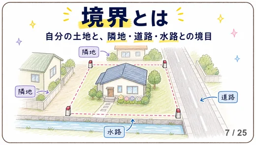境界不明の土地に大きく×印が付いたイラストと、境界がはっきりしないと買主も不安で買えないと困った表情で話す女性。