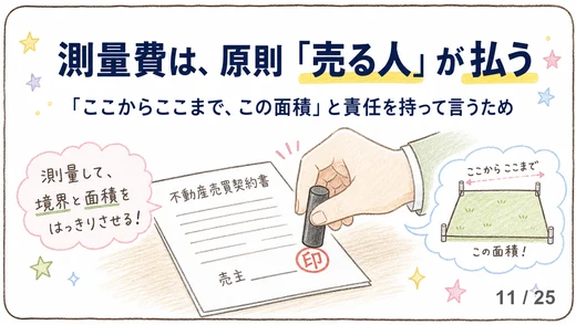 不動産売買契約書に押印する手元と、境界と面積を示す土地の図解。測量費は原則売る人が負担することを表す。