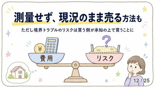天秤で「費用」と「リスク」を比較するイラスト。測量せず現況のまま売る場合は、境界トラブルのリスクを買う側が承知の上で買うことになる点を示す。