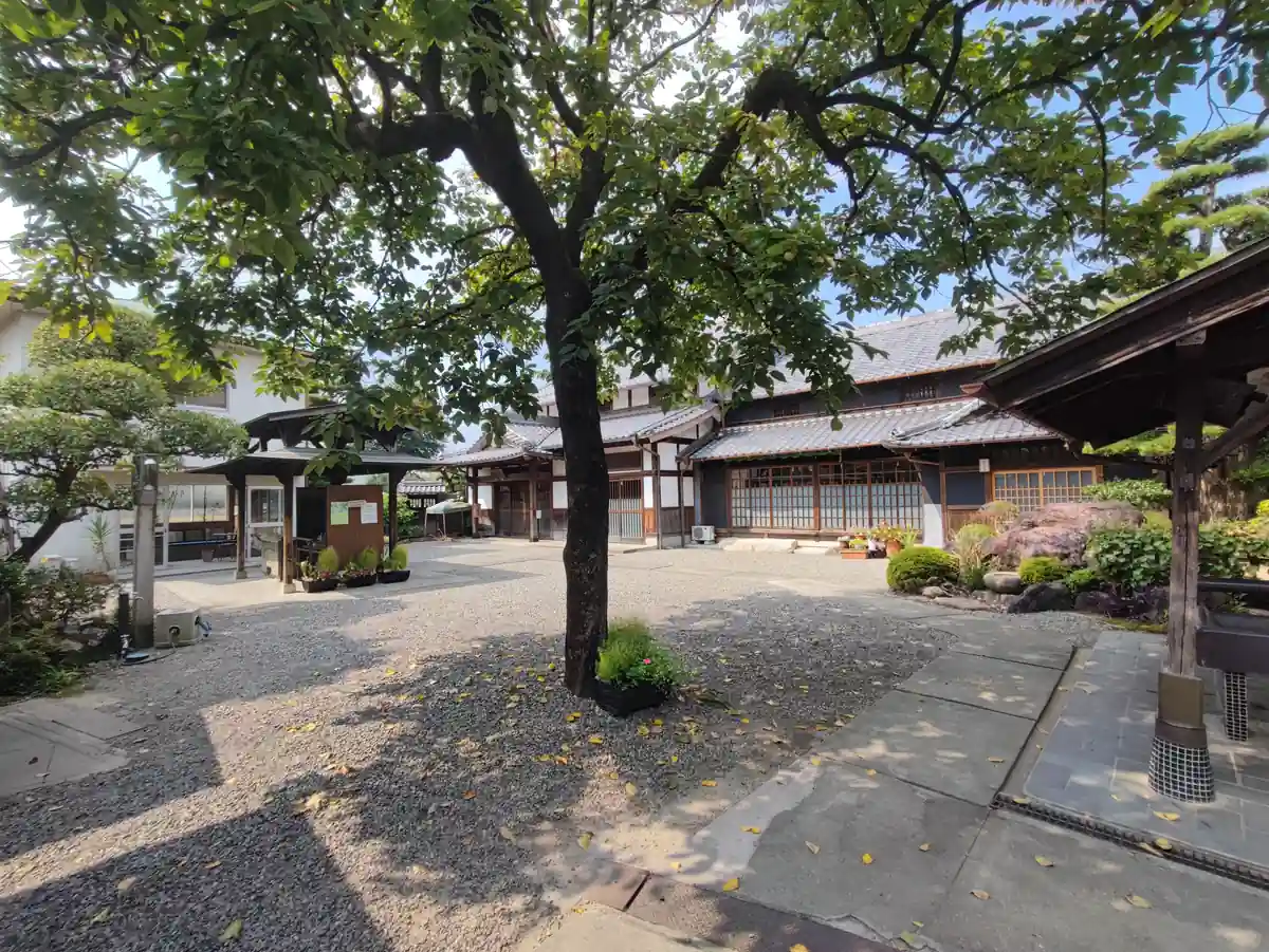 矢合観音の境内。大きな木の奥に瓦屋根の和風建築が並び、砂利敷きの広い境内が続く。落ち着いた雰囲気の日本家屋のような建物が本堂にあたる。