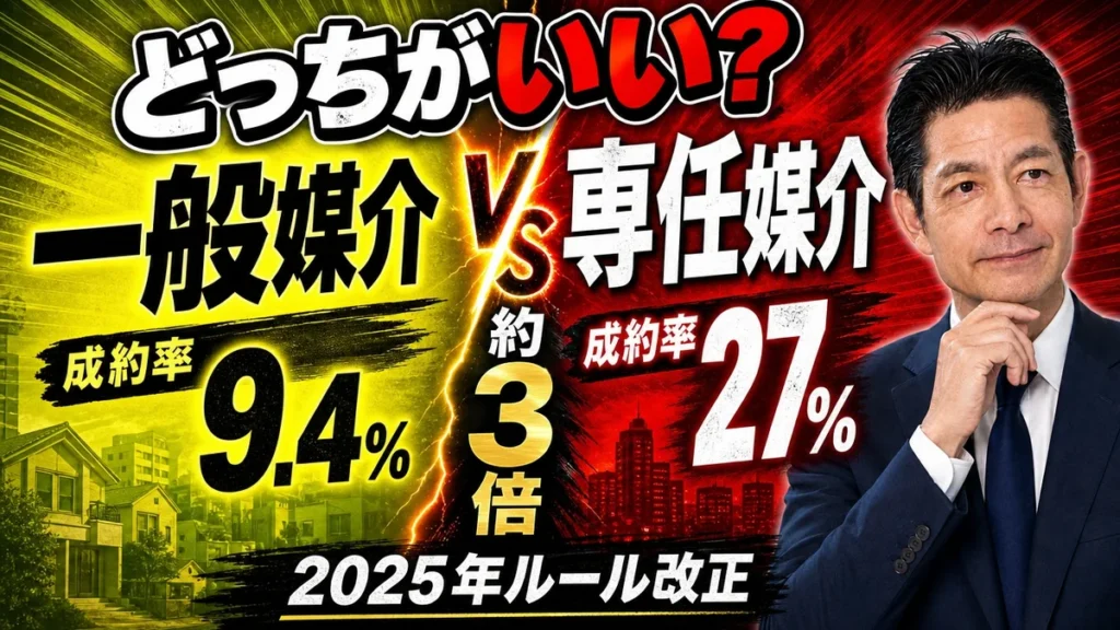 専任媒介と一般媒介、成約率まさかの3倍差というテキストが入った、話す佐藤の似顔絵イラストのアイキャッチ画像。