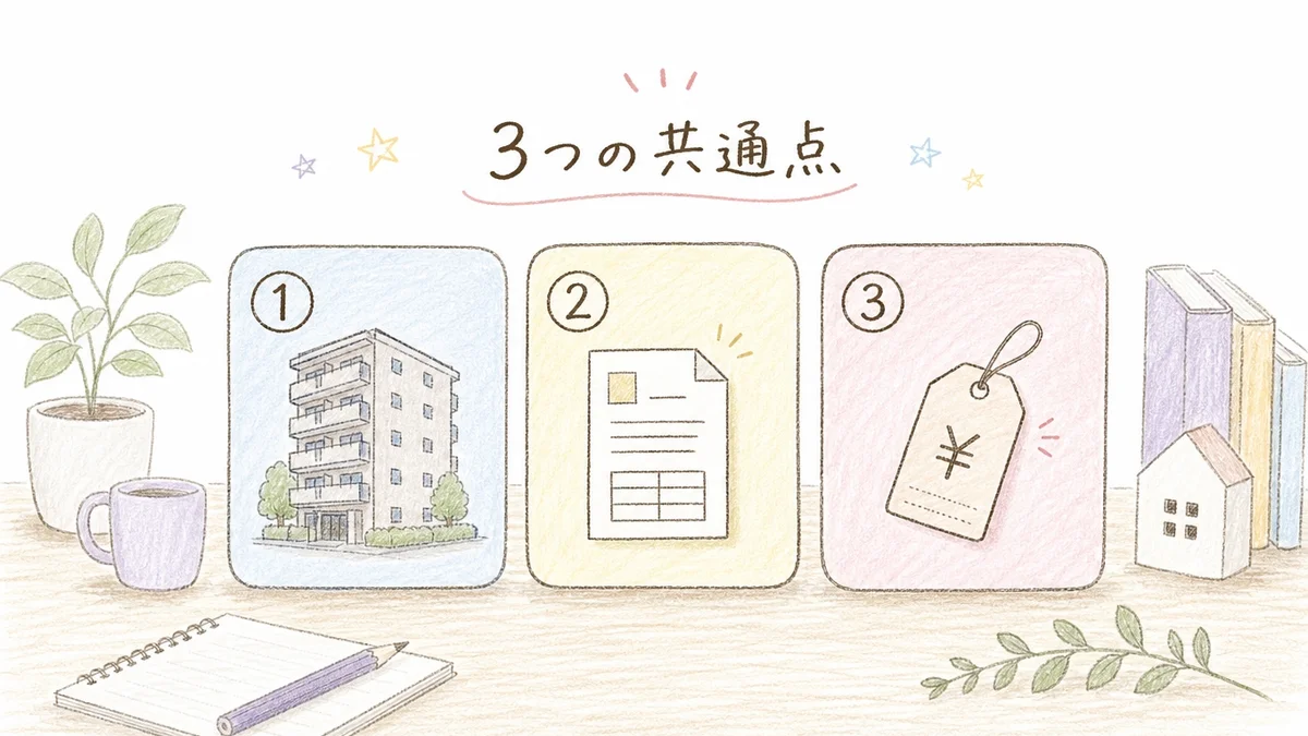 手描き色鉛筆タッチのイラスト。木製デスクの上に観葉植物とコーヒーカップ、ノートと鉛筆が置かれ、中央に「3つの共通点」の見出し。右側に①マンション建物②契約書類③値札タグの3枚の角丸カードが並び、それぞれに手描きアイコンが描かれている。