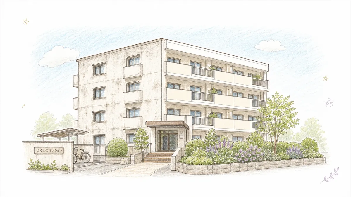 手描き色鉛筆タッチのイラスト。「さくら台マンション」という看板が立つ4階建て分譲マンションの外観。外壁にやや年季が感じられる質感で描かれ、駐輪場・植栽・エントランスの階段が正面に配置され、青空に雲が浮かんでいる。