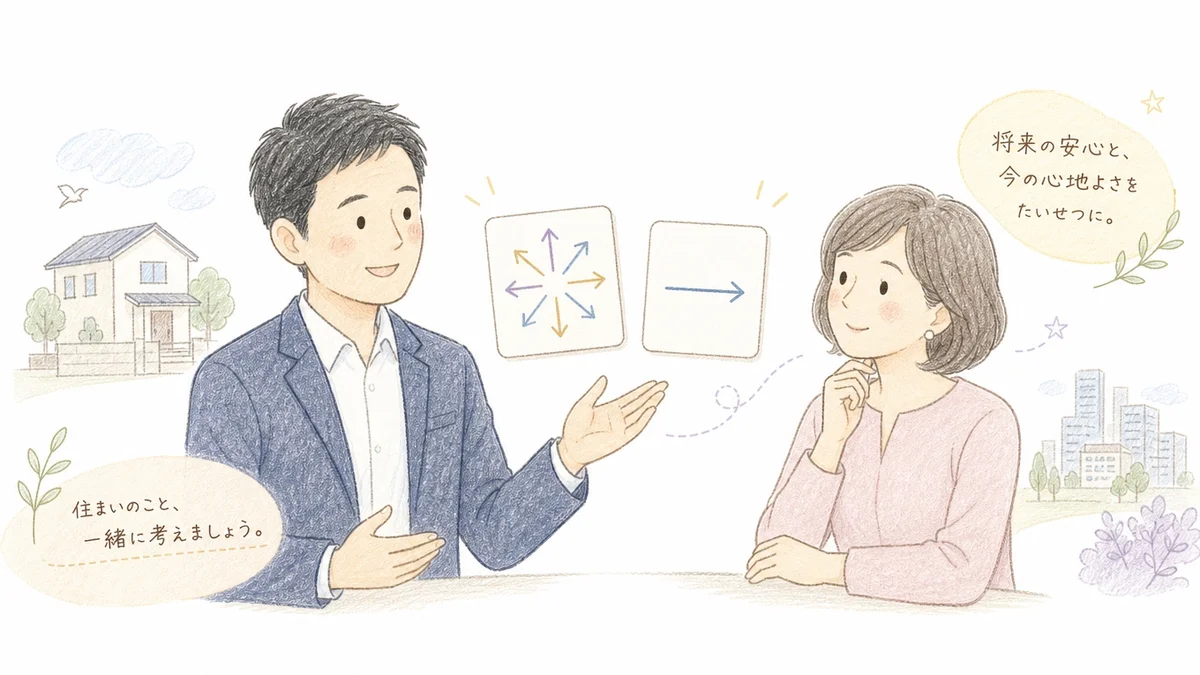 手描き色鉛筆タッチのイラスト。紺色スーツの男性相談員が両手を広げて説明し、正面のピンクの服の女性が思案顔で聞いている。2人の間に、矢印が四方八方に伸びるカードと、矢印が一方向だけに伸びるカードが並んで浮かんでいる。左右背景に一戸建てとマンション街のシルエット。