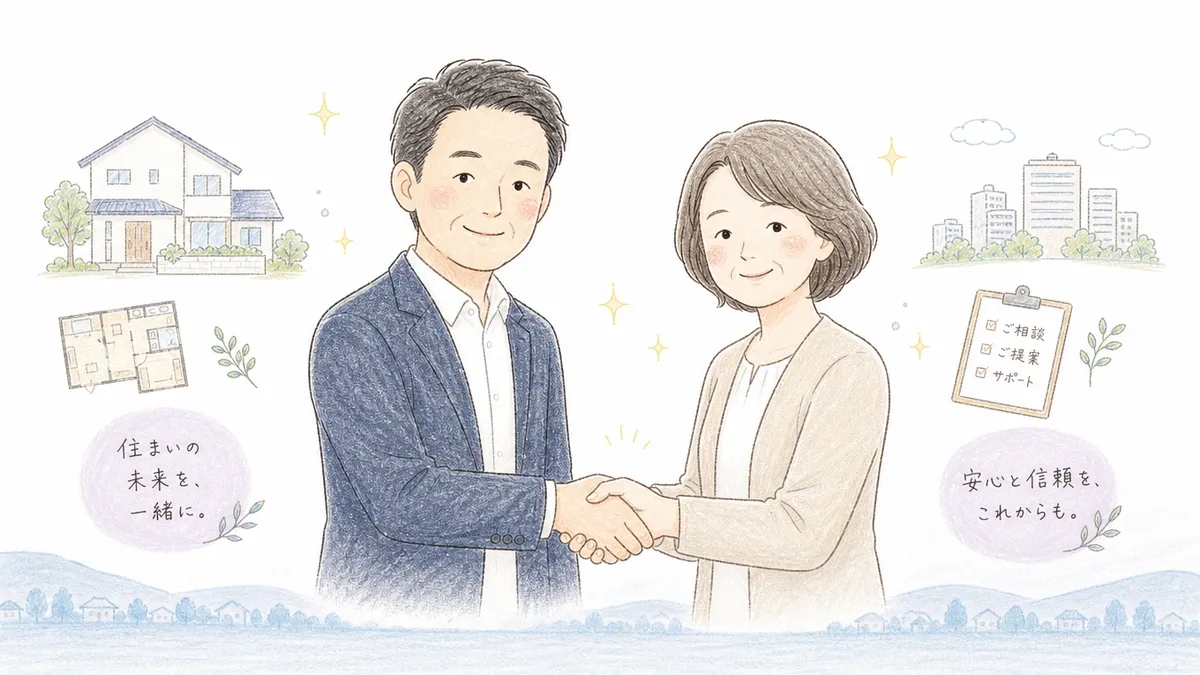 手描き色鉛筆タッチのイラスト。紺色スーツの男性と薄ベージュのカーディガンの女性が中央で握手をしている。左に一戸建てと間取り図、右に「ご相談・ご提案・サポート」と書かれたクリップボードとビル群のイラスト、吹き出しに「住まいの未来を、一緒に。」の文字。
