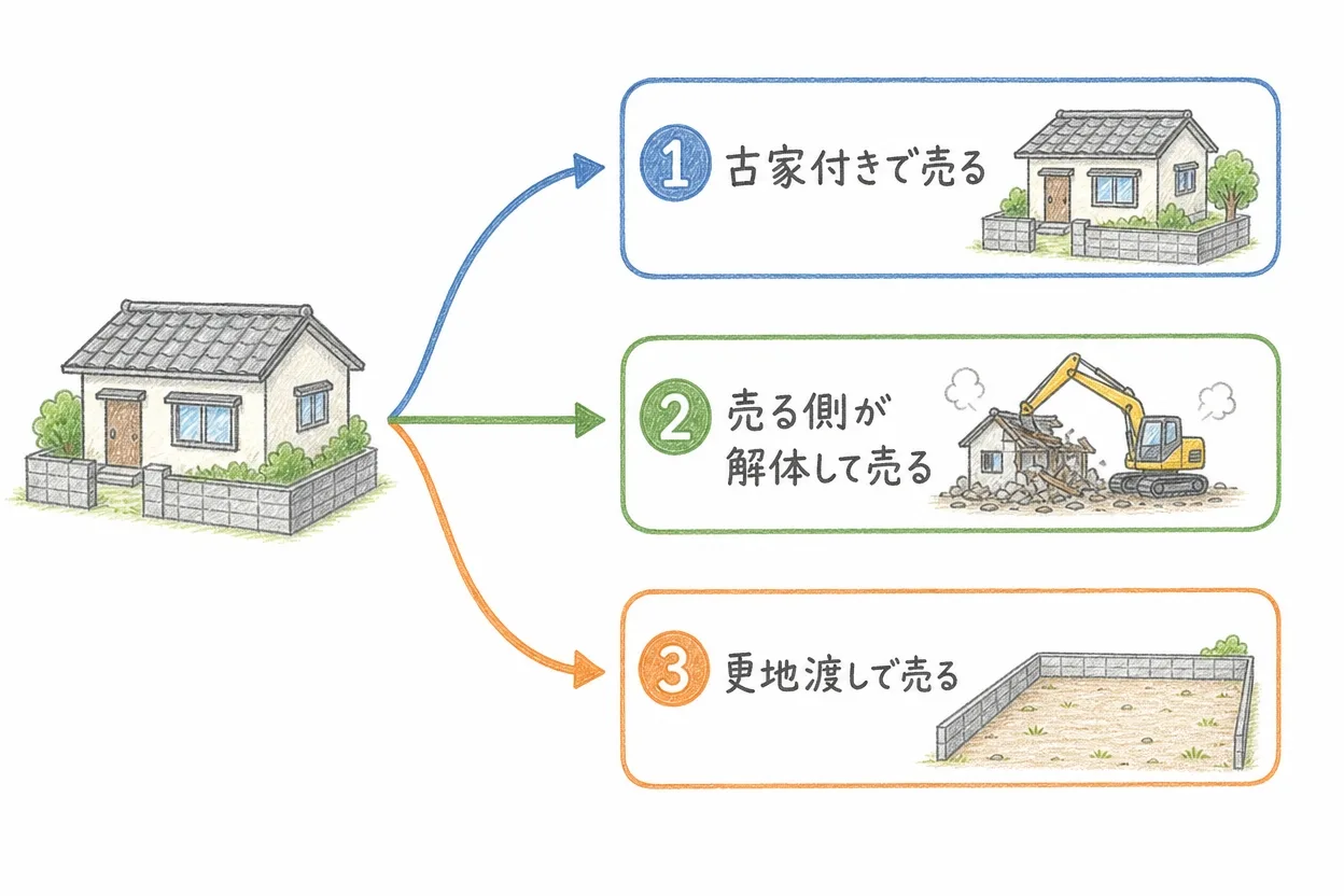 空き家の売り方3つの選択肢を、1軒の家のイラストから矢印で3方向に分岐させて示す色鉛筆タッチのフロー図。古家付きで売る・売る側が解体して売る・更地渡しで売るの3つを、番号付きの角丸カードで並べて描いている。