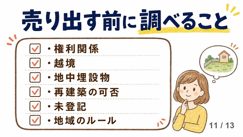 売り出す前に行う調査項目を示す図解。権利関係・地中埋設物・再建築の可否・未登記建物・地域特有のルールなどを調べることを示している。
