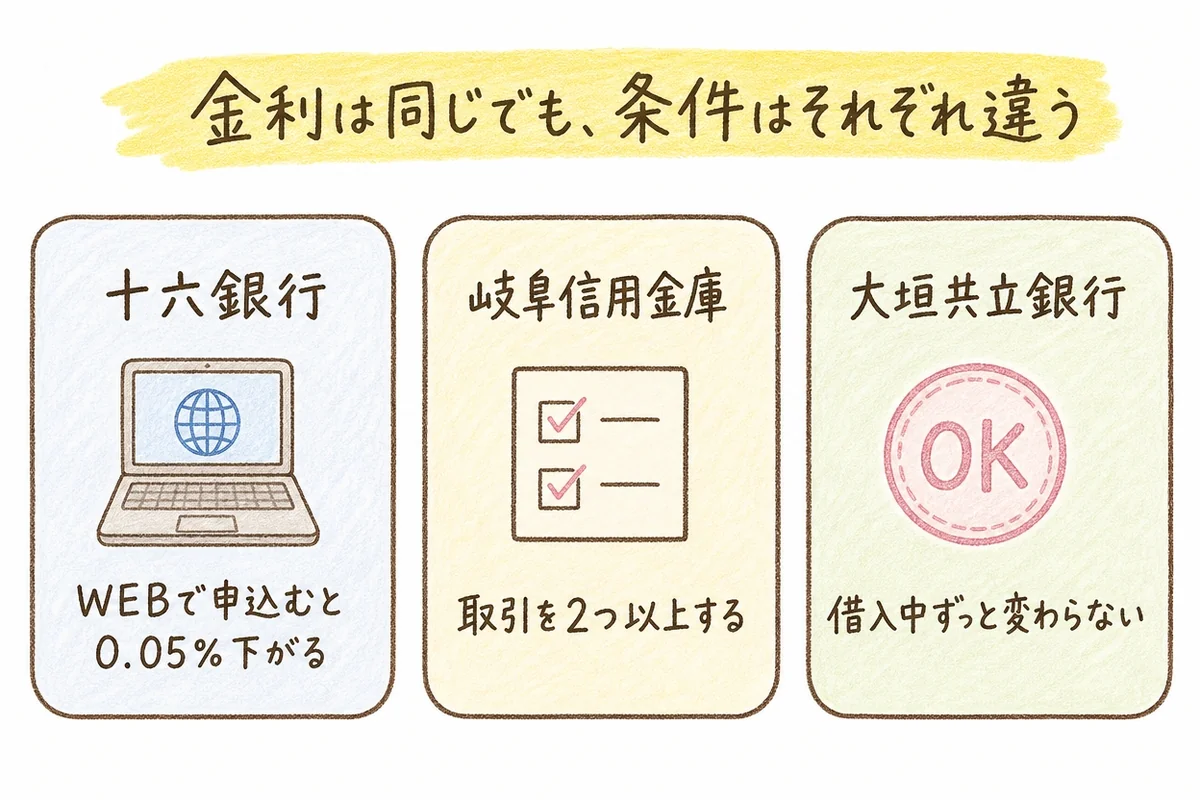 手描き風のイラスト。十六銀行・大垣共立銀行・岐阜信用金庫の3つの銀行建物アイコンが横に並び、それぞれの下に「1.275%」という同じ数字が書かれている。下部に黄色いマーカー線で「変動金利、実はどこも同じ」という一文が添えられている。