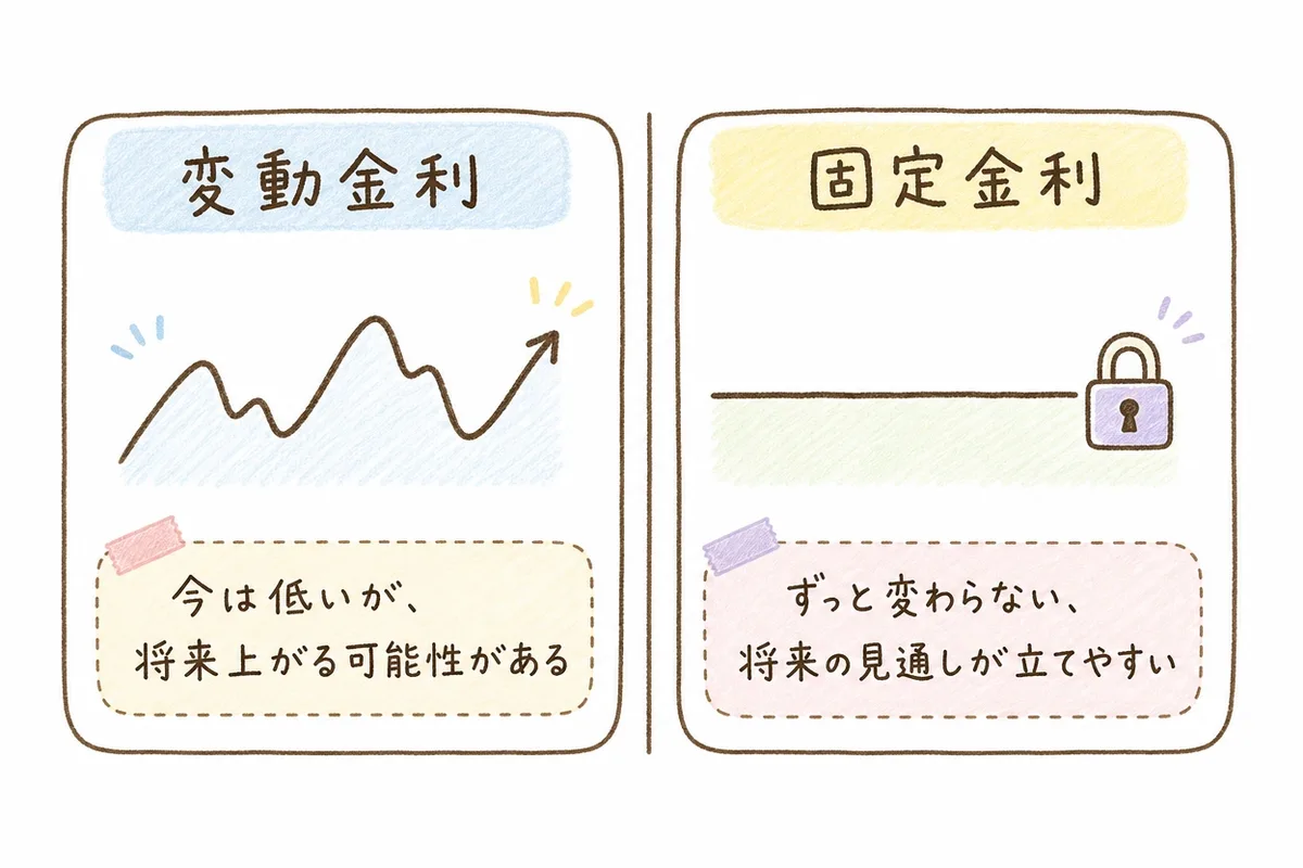 手描き風のイラスト。左の青い枠に見出し「変動金利」と、上下に揺れる折れ線グラフのアイコン。「今は低いが、将来上がる可能性がある」の一言。右の黄色い枠に見出し「固定金利」と、まっすぐな線に南京錠がかかったアイコン。「ずっと変わらない、将来の見通しが立てやすい」の一言。2枠を縦線で比較する構成。